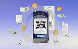 3D rendering of qr code scanning and mobile phone online payment.