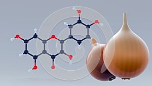 A 3d rendering of quercetin molecules and chartreuse onions