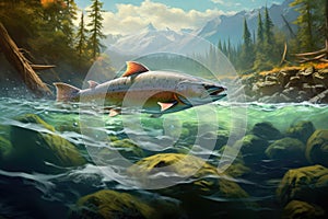 3D rendering of a rainbow trout swimming in the river with mountains in the background, spawning salmon in a beautiful river, AI photo