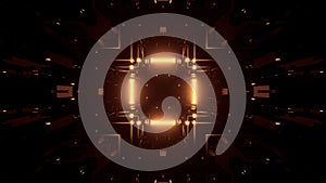 3D rendering of a rectangular hallway made up of dark gold lights