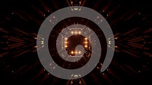 3D rendering of a rectangular hallway made up of dark gold lights