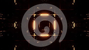 3D rendering of a rectangular hallway made up of dark gold lights