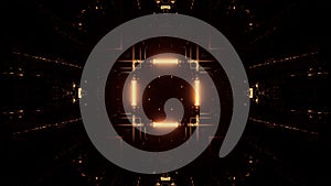 3D rendering of a rectangular hallway made up of gold lights