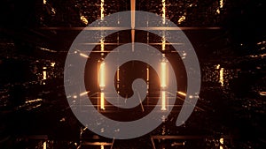 3D rendering of a rectangular hallway made up of gold lights