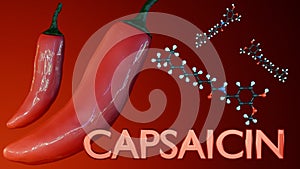 A 3D rendering of red chilis and molecular structure of capsaicin