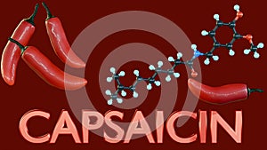 A 3D rendering of red chilis and molecular structure of capsaicin