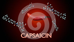 A 3D rendering of red chilis and molecular structure of capsaicin