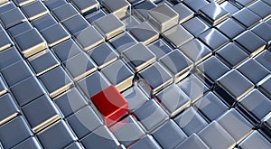3D rendering of red cube among silver cubes - concept of distinctiveness