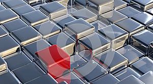 3D rendering of red cube among silver cubes - concept of distinctiveness