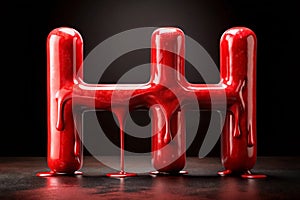 Leaky red alphabet on black background. Handwritten cursive letter H. 3d rendering photo