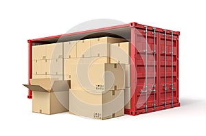 3d rendering of red open side shipping container full of cardboard packages isolated on white background.