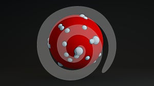 3D rendering of a red perfect ball on a black background. The sphere is covered with white balls that are pressed into its surface