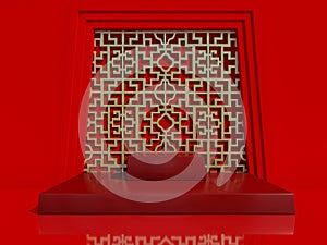 3d rendering of red podium stage for product and showcase presentation, Chinese New Year concept