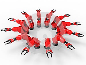 3D rendering - red robotic arms circular array