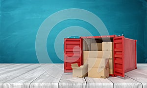 3d rendering of red shipping container filled with cardboard boxes on white wooden floor and dark turquoise background.