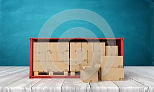 3d rendering of red shipping container filled with cardboard boxes on white wooden floor and dark turquoise background.