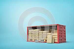 3d rendering of red shipping container filled with packs, bricks and wooden pallets on blue background