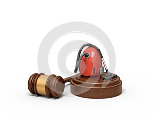 3d rendering of red vacuum cleaner on round wooden block and brown wooden gavel