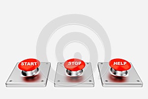 3D rendering. Red web buttons with start, stop, help.