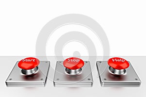3D rendering. Red web buttons with start, stop, help.