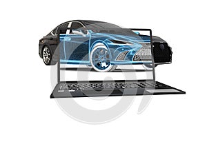 3D rendering representing an x-ray of a car with a laptop