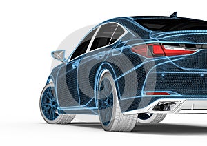 3D rendering representing an x-ray of a car with a laptop
