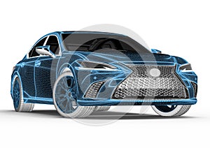 3D rendering representing an x-ray of a car with a laptop
