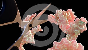 A 3d rendering of RNA molecule and a pair of scissors.
