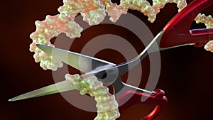 A 3d rendering of RNA molecule and a pair of scissors.