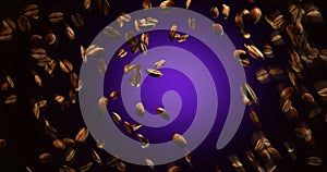 3D rendering of roasted coffee beans falling down