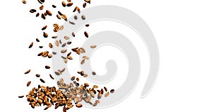 3D rendering of roasted coffee beans falling down isolated in white