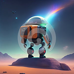 3D rendering of a robot in desert with spaceship in background