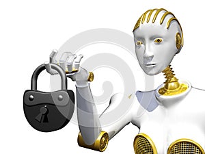 3d rendering robot with padlock isolated on white. photo