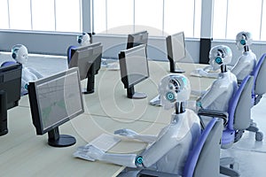 3d rendering robot working in office with augmented reality display
