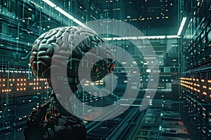 Artificial intelligence processing data in futuristic server room