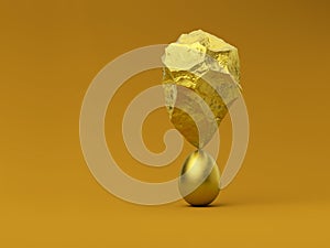 3d rendering a rock above an egg in balance on a orange background, a sculpture of gold