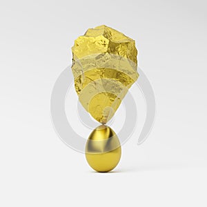 3d rendering a rock above an egg in balance on a white background, a sculpture of gold