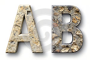 Set of rocky letters A, B and symbol left and right angle bracket. Font of stone on white background. 3d rendering photo