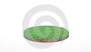 3d rendering. Round soil ground cross section with green grass on white background