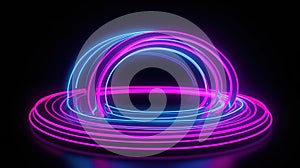 3d rendering, rounded pink blue neon lines,spiral lines, glowing in the dark. Abstract minimalist geometric background