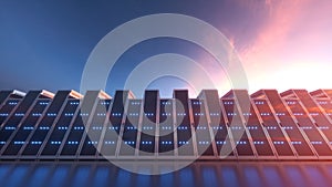 3d rendering of rows of network servers machine farm cloud computing hardware on blue sky background