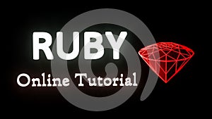 3d rendering of Ruby online tutorial on black background. Programming tutorial. Coding concept. Ruby language e-learning. Online