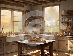 3d rendering of a rustic kitchen in a country house. Ai generated