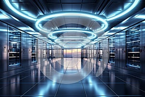 In a 3D rendering, server racks convey the big data cloud computing concept