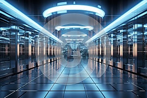 In a 3D rendering, server racks convey the big data cloud computing concept