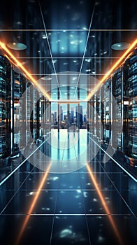 In a 3D rendering, server racks convey the big data cloud computing concept