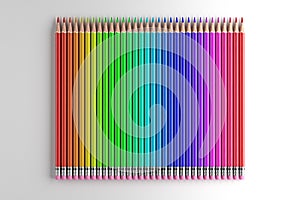 3D rendering a set of beautiful even rainbow colored pencils on a white isolated background.