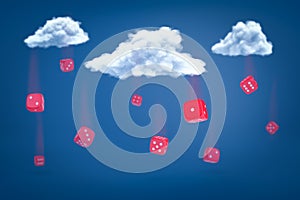 3d rendering of set of red dice falling down from three white clouds on blue background.