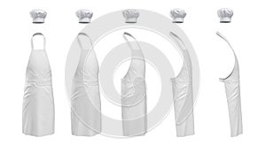 3d rendering of a set of white chief`s apron a hat shown in five different angles from the viewer.