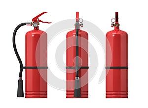 3d rendering of several red fire extinguishers on a white background.